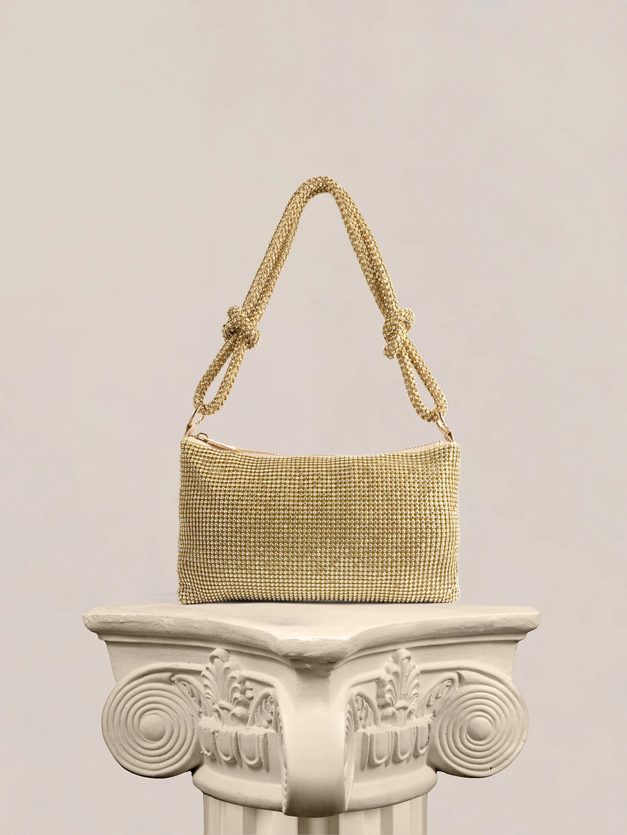 Rylithe Bolso tipo cubo ligero, estilo business casual, con decoración de strass, diseño mini con cordón, para novia, artículos de boda - Dorado - Ver 1