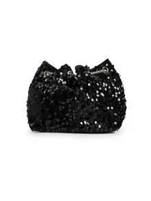 Rylithe Chain Drawstring PVC Large Sequin Shiny Bucket Bag, Metal Pearl Decor Colorful Sequin Women's Evening Shoulder Crossbody Bag - Black - View 4