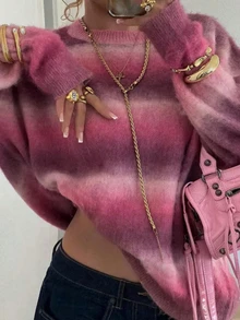 Plus Size Ombre Gradient Knit Sweater Women Crew Neck Long Sleeve Plus Size Pullover Top Casual Fall Winter Daily Street Outfit - Pink - View 1