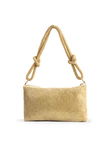Rylithe Bolso tipo cubo ligero, estilo business casual, con decoración de strass, diseño mini con cordón, para novia, artículos de boda - Dorado - Ver 2
