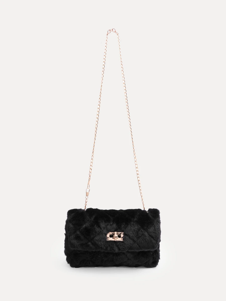 TuEzra Furry Material Crossbody Bag, Women's New Versatile Chain Shoulder Bag, Furry Fluffy Lock Small Square Bag, Perfectly Matching With Fall Outfits Women - Black - View 1