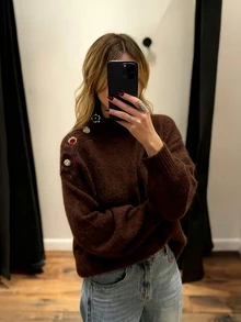 Plus Size Women's Autumn/Winter Essential High Neck Shoulder Gemstone Decor Button Long Sleeve Pullover Loose Fashion Casual Sweater, Suitable For Daily Wear - Brown - View 2