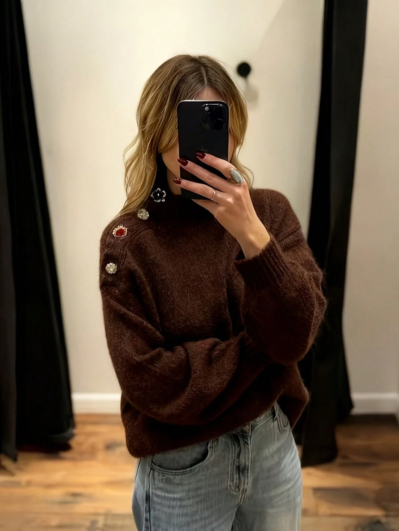 Plus Size Women's Autumn/Winter Essential High Neck Shoulder Gemstone Decor Button Long Sleeve Pullover Loose Fashion Casual Sweater, Suitable For Daily Wear