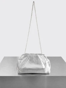 Rollcall 1pc Metallic Shiny PU Ruched Cloud Clutch Bag, Silver, Minimalist Daily Handbag, Elegant Evening Party Bag For Women - Silver - View 1