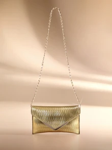 Etoivie Solid Color Textured Hardware Edged Shoulder Bag, Flap Chain Envelope Crossbody Bag, Wallet, Phone Pouch - Suitable - Gold - View 1