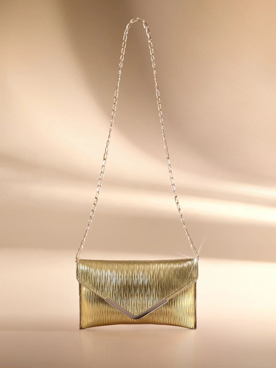 Etoivie Solid Color Textured Hardware Edged Shoulder Bag, Flap Chain Envelope Crossbody Bag, Wallet, Phone Pouch - Suitable - Gold - View 1