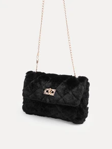 TuEzra Furry Material Crossbody Bag, Women's New Versatile Chain Shoulder Bag, Furry Fluffy Lock Small Square Bag, Perfectly Matching With Fall Outfits Women - Black - View 3