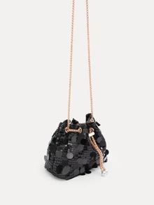 TuEzra Chain Drawstring Bucket Bag With Large Shiny PVC Sequins, Metal Pearl Decor, Colorful Glitter - Black - View 2