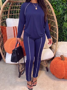 Women's Casual Navy Blue 2 Pieces Set, Round Neck Long Sleeve Top With Leggings, Slightly Stretchy Fabric, Perfect Choice For Autumn - Navy Blue - View 2