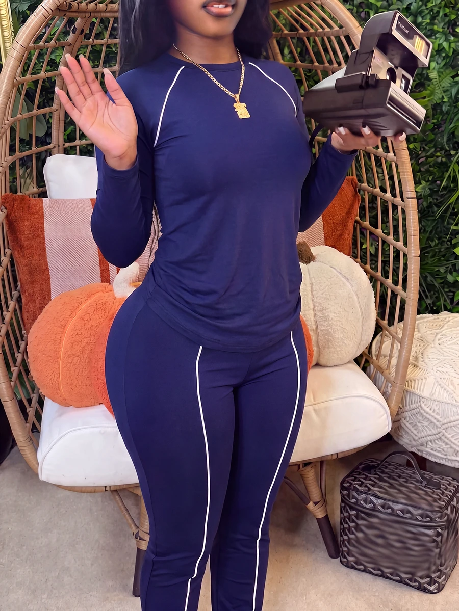 Women's Casual Navy Blue 2 Pieces Set, Round Neck Long Sleeve Top With Leggings, Slightly Stretchy Fabric, Perfect Choice For Autumn - Navy Blue - View 1
