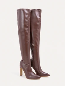 TuEzra Fall/Winter Square Toe Chunky Heeled Classic Boots, White Elegant Solid Classic Boots,Perfect With Hoodies/Sweater - Brown - View 1