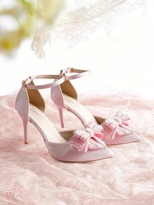 Rylithe Sepatu Hak Tinggi Ujung Lancip dengan Rhinestones, Sandal Peri Transparan dengan Pita dan Tali Pergelangan Kaki, Gaya Musim Semi/Panas Terbaru - Berwarna merah muda - View 1