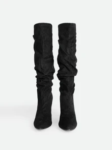 CHICVUE 女款時尚優雅黑色及膝靴，粗高跟，秋冬穿脫式尖頭抓皺靴 - 黑色 - 查看 3