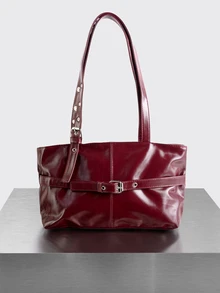 Rollcall 1pc Vintage Large Capacity Tote Bag, Commuter Oversized Underarm Bag, Fashion - Burgundy - View 1