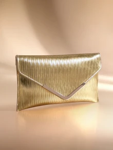 Etoivie Solid Color Textured Hardware Edged Shoulder Bag, Flap Chain Envelope Crossbody Bag, Wallet, Phone Pouch - Suitable - Gold - View 3