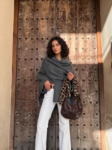 Oversized Shawl Collar Long Sleeve Short Knit Cardigan, Autumn/Winter - Light Grey - View 2