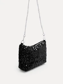 TuEzra 1pc Zipper Closure PVC Sequin Shiny Shoulder Bag, Fashion Chain Strap Clutch Bag, Suitable For Women's Party, Date, Evening Use - Black - View 2