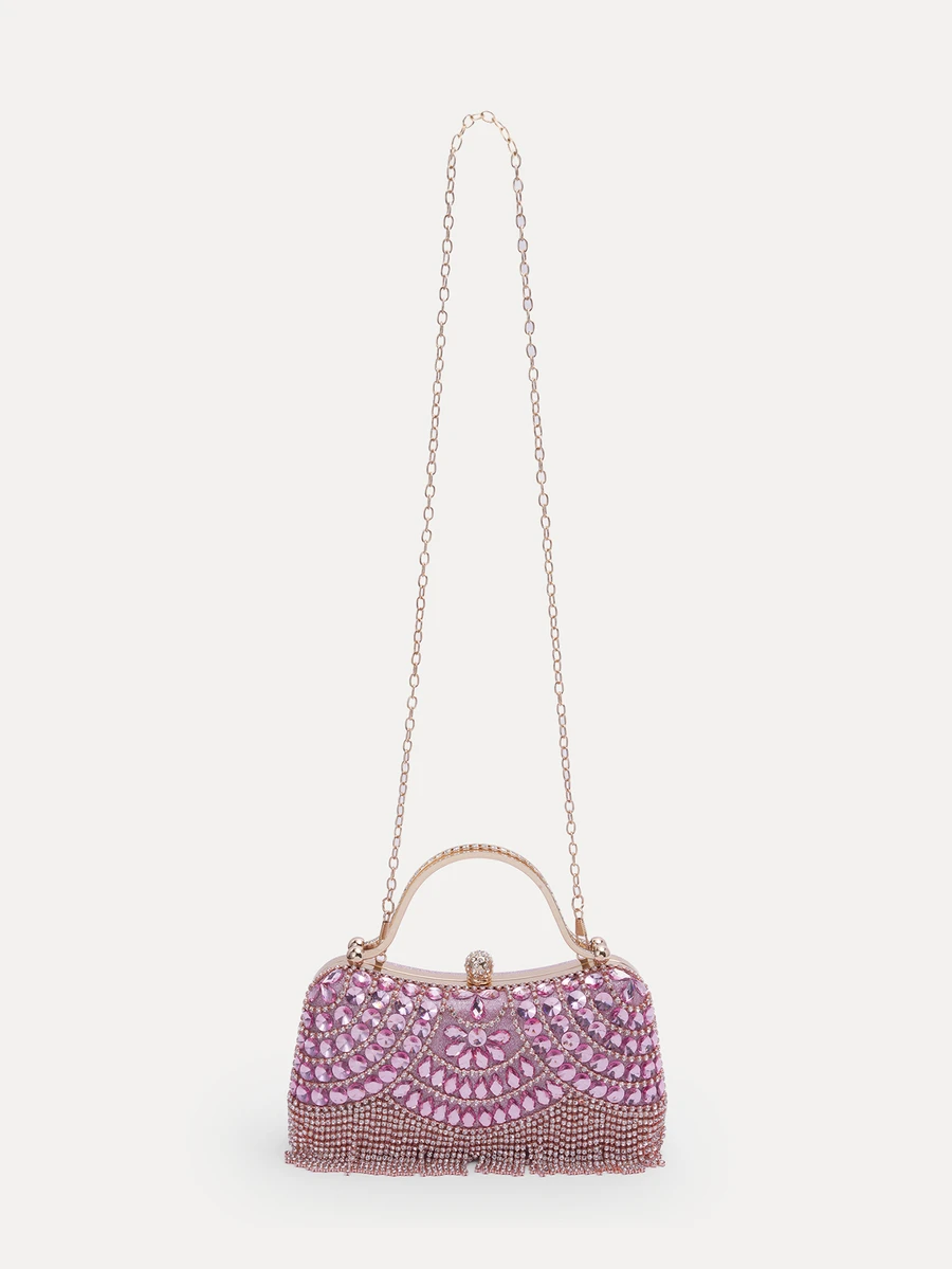 TuEzra Tas Clutch Malam Baru Berhiaskan Rhinestone, Dekorasi Rumbai Payet Berkilau, Hadiah untuk Wanita, Cocok untuk Pesta, Pernikahan, Pesta Dansa/Perjamuan - Berwarna merah muda - View 1