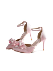 Rylithe Sepatu Hak Tinggi Ujung Lancip dengan Rhinestones, Sandal Peri Transparan dengan Pita dan Tali Pergelangan Kaki, Gaya Musim Semi/Panas Terbaru - Berwarna merah muda - View 3