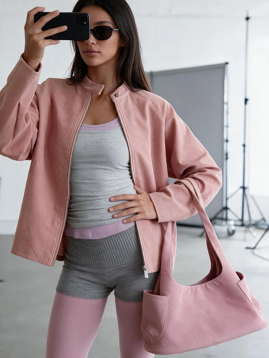 Women's New Zipper Winter Jacket, Sexy Comfortable Faux Suede Coat - Dusty Pink - View 1