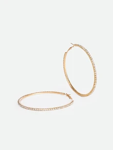 CHICVUE Minimalist Rhinestone Inlaid Chunky Hoop Earrings For Women, Fashionable & Chic Geometric Circle Drop Earrings - Yellow Gold - View 3