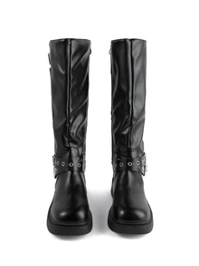 Rollcall New Fashion Minimalist Mid-Calf Boots, Metal Buckle Strap Decor Design Soft & Comfortable - Black - View 2
