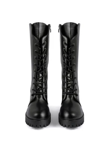 Rollcall Sepatu Bot Berkuda Setinggi Lutut Bertali Hitam dengan Sol Tebal, Sepatu Bot Vintage untuk Wanita - Hitam - View 2