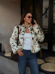 Women's Loose Lapel Patchwork Leopard Print Faux Fur Effect Coat, Autumn/Winter Vacation Jacket - Multicolor - View 4