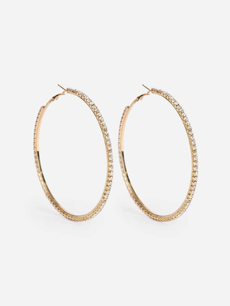 CHICVUE Minimalist Rhinestone Inlaid Chunky Hoop Earrings For Women, Fashionable & Chic Geometric Circle Drop Earrings - Yellow Gold - View 1