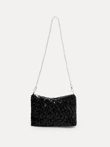 TuEzra 1pc Zipper Closure PVC Sequin Shiny Shoulder Bag, Fashion Chain Strap Clutch Bag, Suitable For Women's Party, Date, Evening Use - Black - View 1