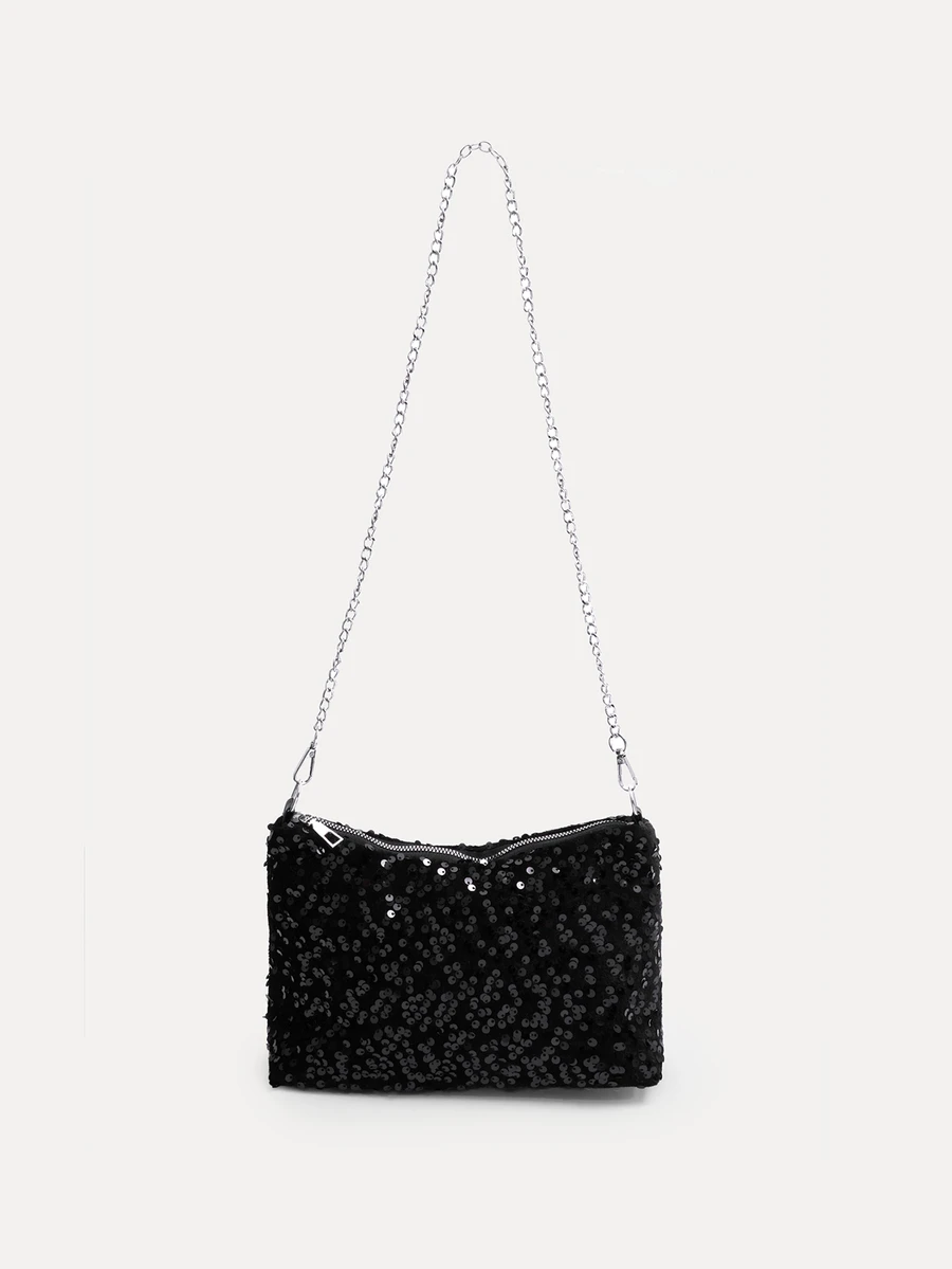 TuEzra 1pc Zipper Closure PVC Sequin Shiny Shoulder Bag, Fashion Chain Strap Clutch Bag, Suitable For Women's Party, Date, Evening Use - Black - View 1