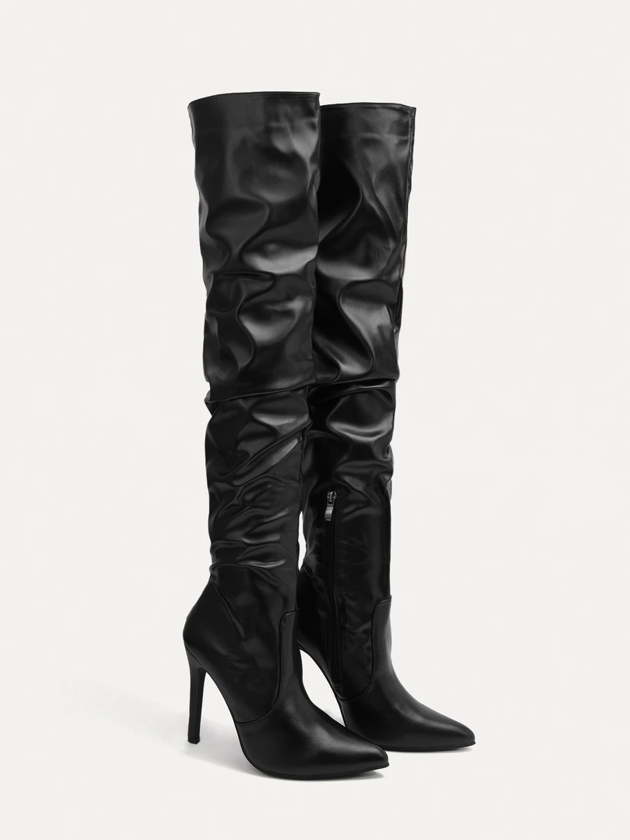 TuEzra Fall/Winter Match With Black Dress,Zipper Side Point Toe Stiletto Heeled Slouchy Boots, Women's High - Black - View 1