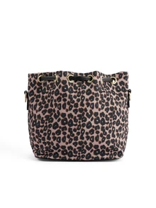 Rollcall 1pc New Autumn/Winter Black Leopard Print Mini Bucket Bag With Drawstring Design, Suitable For Shopping, Outings, Students, Young People Commuting - Coffee Brown - View 3