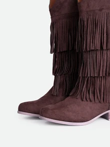 CHICVUE Coffee Brown 3-Layer Tassel Slip-On Chunky Low Heel Round Toe New Elegant Versatile Commute Daily Fashion - Coffee Brown - View 4