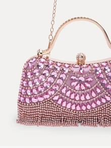 TuEzra Tas Clutch Malam Baru Berhiaskan Rhinestone, Dekorasi Rumbai Payet Berkilau, Hadiah untuk Wanita, Cocok untuk Pesta, Pernikahan, Pesta Dansa/Perjamuan - Berwarna merah muda - View 4