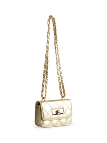 Rylithe New Mini Square Bag Women Handbag Diamond Pattern Stitching Shoulder Bag Woven Chain Bag Flip Small Bag Cute Diagonal Cross-Body Bag - Gold - View 2