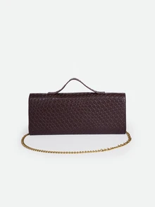 CHICVUE Women's Vintage Minimalist Woven Texture Angora Red Flap Lock Large Capacity Clutch Bag - Coffee - View 3