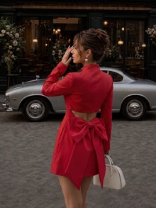 Women Fall Fashion Elegant Sexy Red Bow Back Long Sleeve Mini Dress For Hoco Going Out Party Vacation - Red - View 1