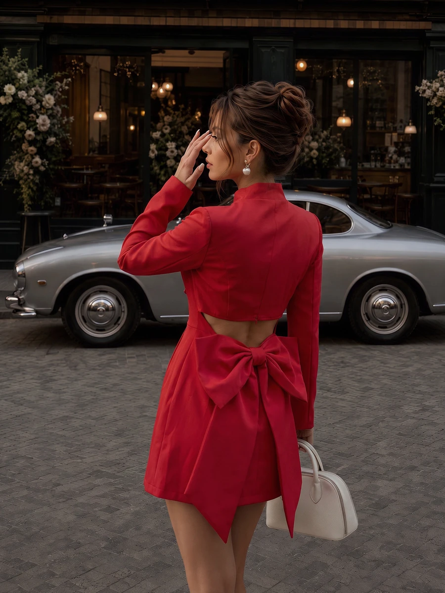 Women Fall Fashion Elegant Sexy Red Bow Back Long Sleeve Mini Dress For Hoco Going Out Party Vacation - Red - View 1