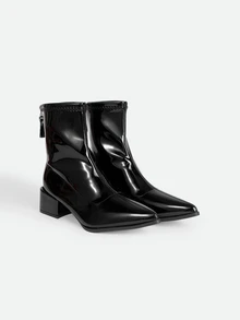 CHICVUE 女款時尚優雅尖頭粗跟踝靴，[尺寸偏小，建議買大一號] 百搭拉鍊款 - 黑色 - 查看 2