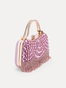TuEzra Tas Clutch Malam Baru Berhiaskan Rhinestone, Dekorasi Rumbai Payet Berkilau, Hadiah untuk Wanita, Cocok untuk Pesta, Pernikahan, Pesta Dansa/Perjamuan - Berwarna merah muda - View 2
