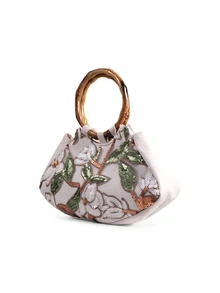 Rylithe Elegant Shiny Multi-Color Leaf & Floral Patchwork Handbag, Vintage Classic Style Wooden Ring Design Evening Bag, Mini Square Tote Bag - Gold - View 3