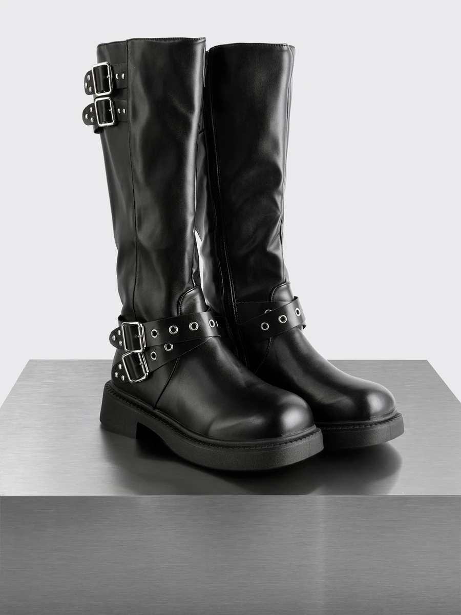 Rollcall New Fashion Minimalist Mid-Calf Boots, Metal Buckle Strap Decor Design Soft & Comfortable - Black - View 1
