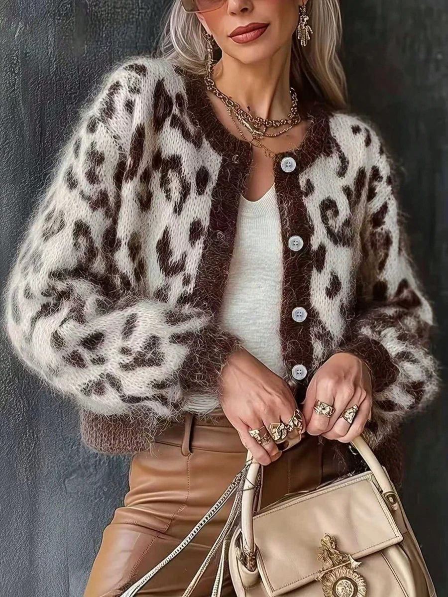 Plus Size Leopard Print Jacquard Button Knit Cardigan - Brown - View 1