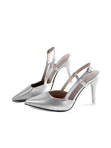 Rylithe Zapatos de tacón alto con punta fina para primavera/otoño, elegantes tacones de aguja con espalda abierta y punta cerrada, estilizados, adecuados para citas - Plateado - Ver 3