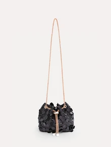 TuEzra Chain Drawstring Bucket Bag With Large Shiny PVC Sequins, Metal Pearl Decor, Colorful Glitter - Black - View 1