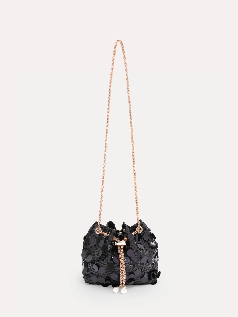 TuEzra Chain Drawstring Bucket Bag With Large Shiny PVC Sequins, Metal Pearl Decor, Colorful Glitter - Black - View 1