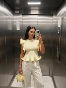 Top de mujer de punto de ganchillo con volantes, sin mangas, ajustado y elegante, suéter de verano - Albaricoque - Ver 1