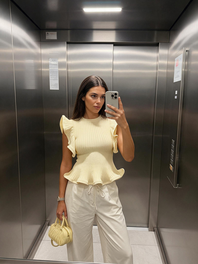 Top de mujer de punto de ganchillo con volantes, sin mangas, ajustado y elegante, suéter de verano