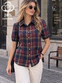 Vintage Red & Blue Contrast Plaid Puff Sleeve Loose Cotton Linen Blouse, Casual Commute Vacation Versatile Top For Summer - Multicolor - View 2